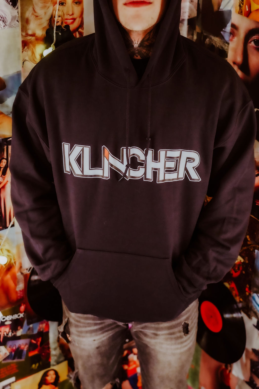 Black Klincher Hoodie with hood up