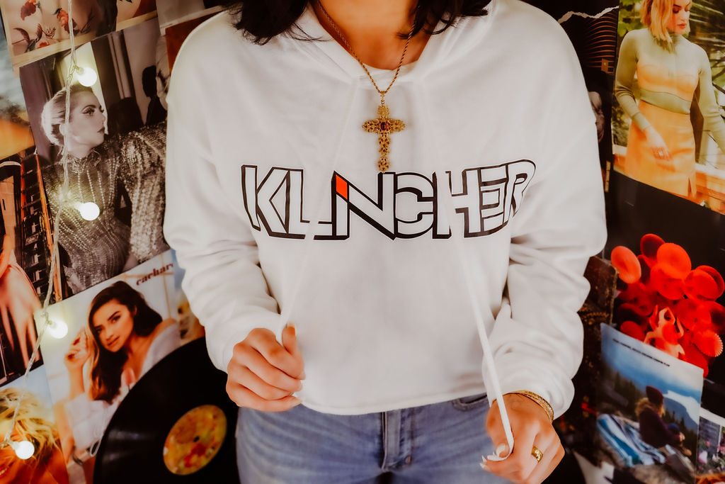 White Crop Top Hoodie with Klincher Logo - Image 3