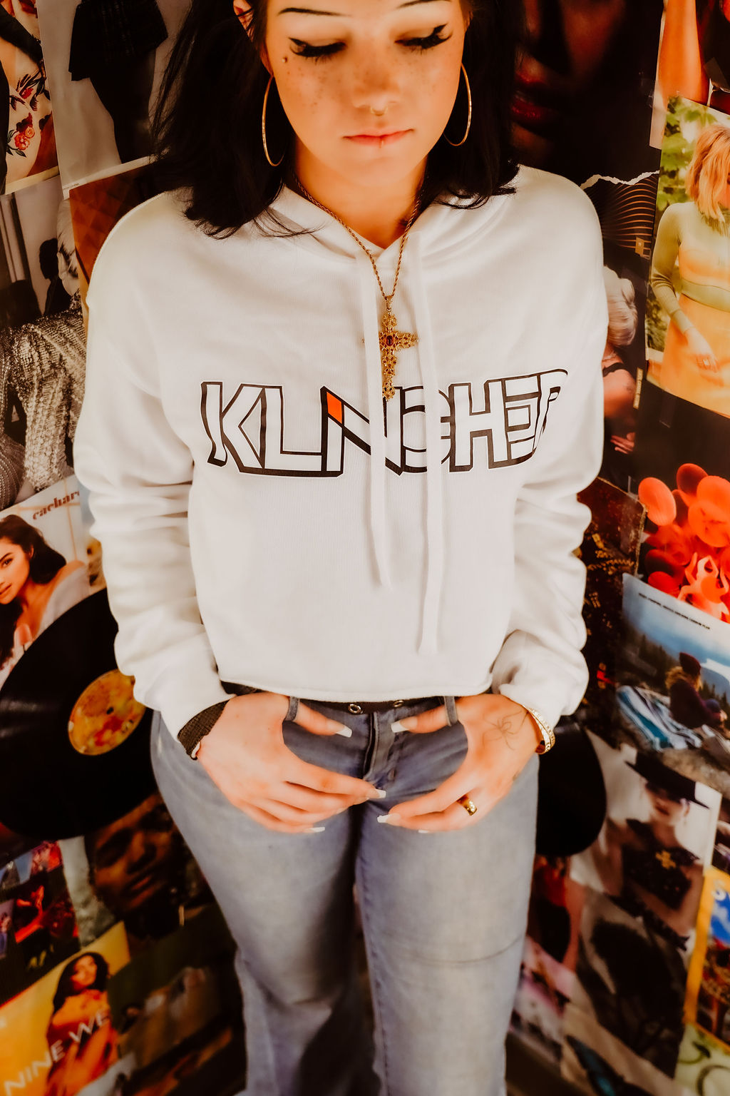 White Crop Top Hoodie with Klincher Logo - Image 5
