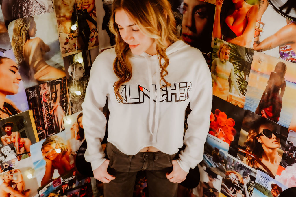 White Crop Top Hoodie with Klincher Logo - Image 4