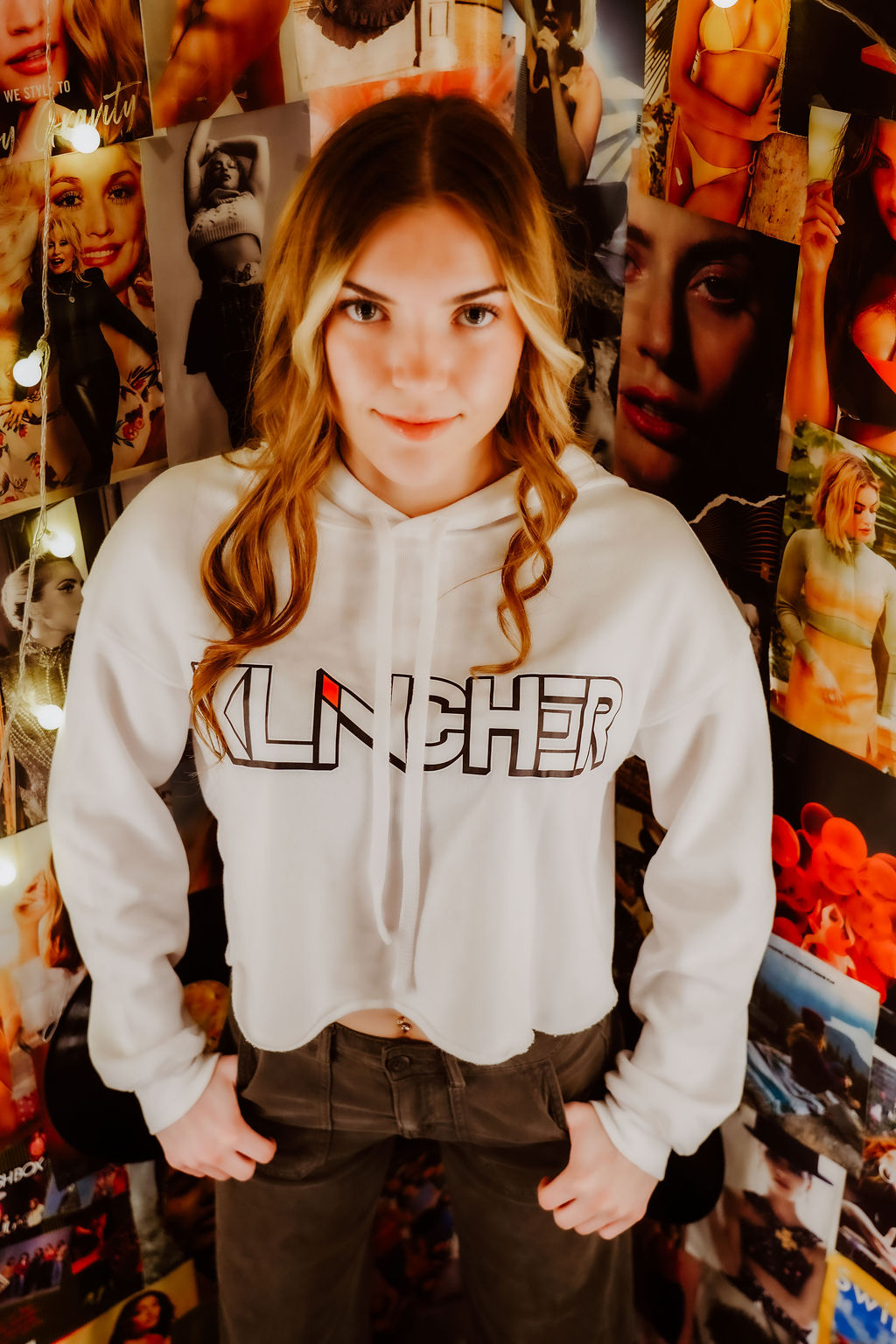 White Crop Top Hoodie with Klincher Logo - Image 2
